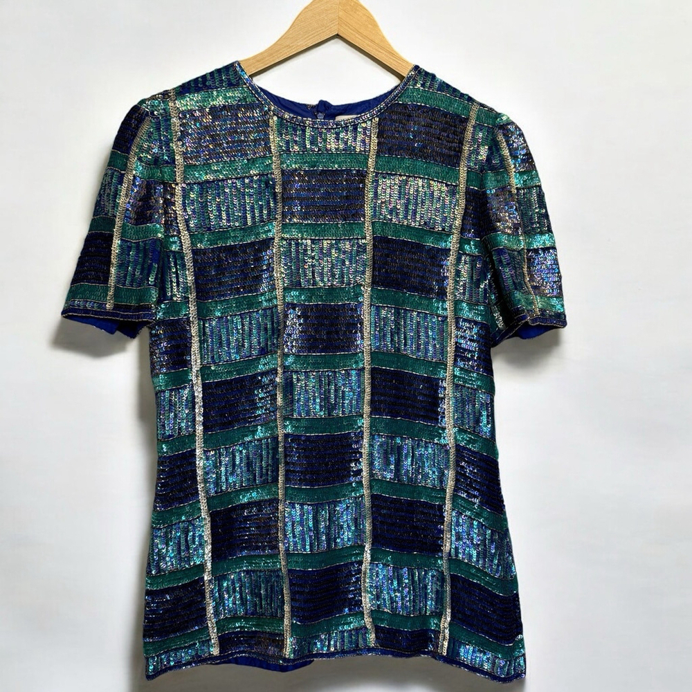 Leslie Fay Evenings Sequin Top Purple‎ Turquoise Pullover Short Sleeve Size Med